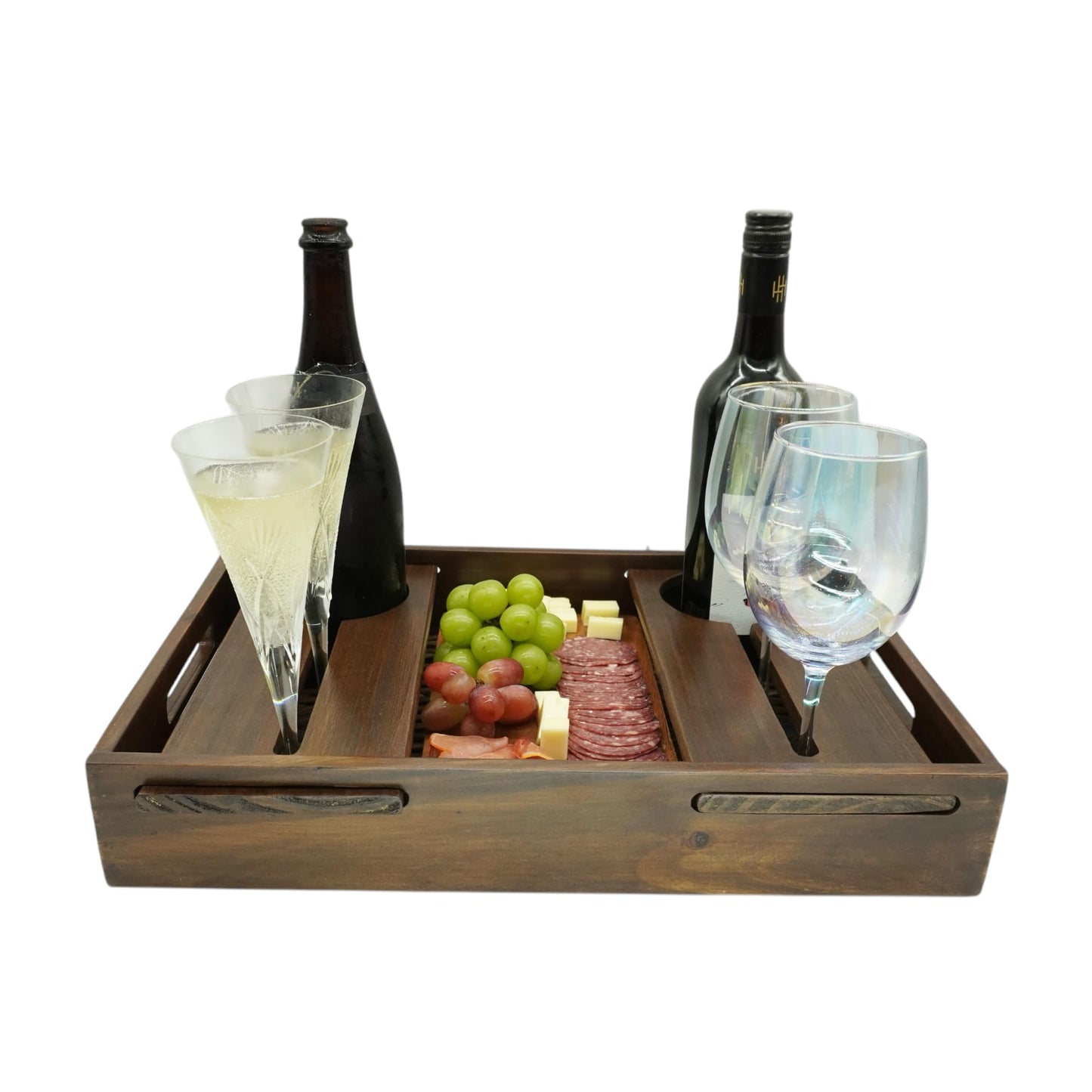 Wrightmart Wood Serving Tray with Wine Bottle and Glass Holder, Acacia Charcuterie Board, and Cut-Out Handles - Holds 2 Bottles and 4 Glasses, Fits Champagne Size Bottle