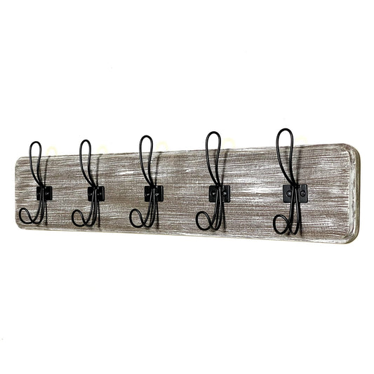 Rustic Farmhouse Wooden Coat Rack – Weathered White Wash, Black Hook, Handcrafted Wall Mounted Hanger Rack with 5 Hooks, Reclaimed Wood, for Entryway, Hallway, Bedroom, or Bathroom