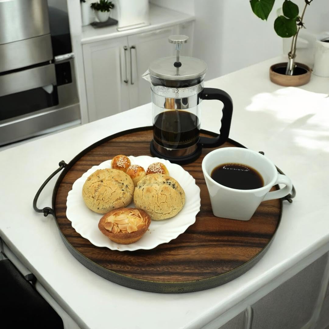 Wrightmart Acacia Wood Cheese Tray and Serving Board with Handles – Large Round Charcuterie Circle Board, Hardwood Platter for Entertaining and Serving, 14" Diameter