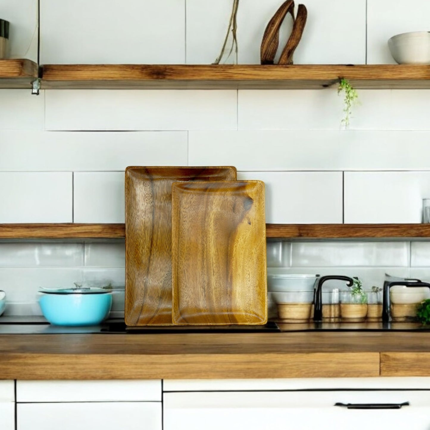 Wrightmart Acacia Wood Cheese Tray and Serving Board with Handles – Large Round Charcuterie Circle Board, Hardwood Platter for Entertaining and Serving, 14" Diameter