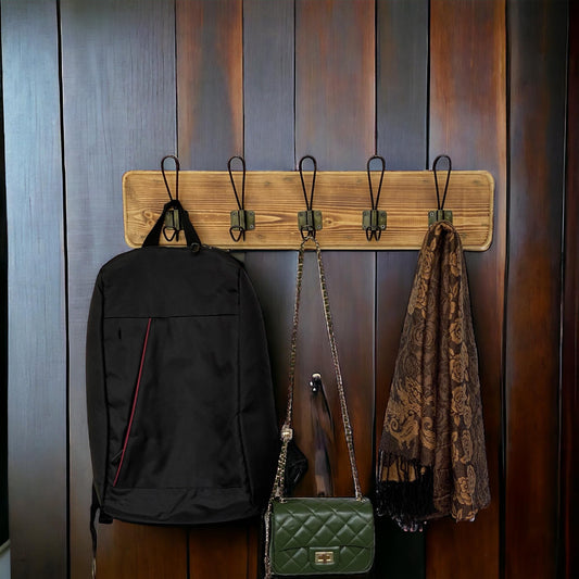 Rustic Farmhouse Wooden Coat Rack – Burnt/Torched Pine, Antique Gold Hook, Handcrafted Wall Mounted Hanger Rack with 5 Hooks, for Entryway, Hallway, Bedroom, or Bathroom