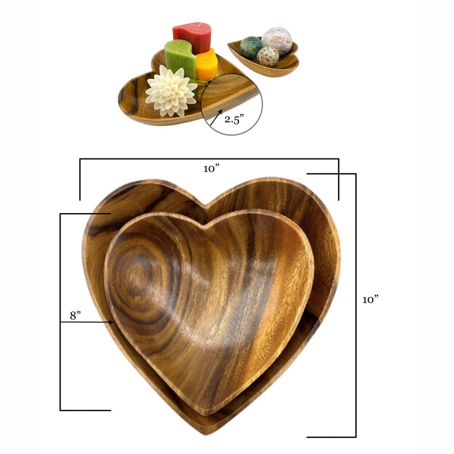 WRIGHTMART Wooden Bowl Set of 2, Heart Shaped, Versatile Bowls for Serving Salads, Nut Mixes, or as Catchall for Jewelry, Rings, and Coins, Durable Acacia Wood Construction, Handcarved